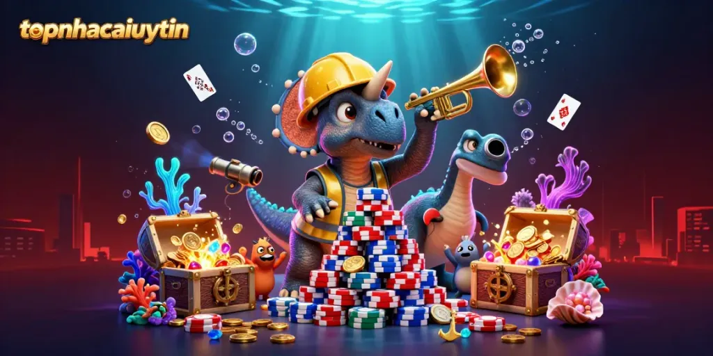 Topnhacaiuytin showcases a vibrant 3D scene with a triceratops amidst casino elements.