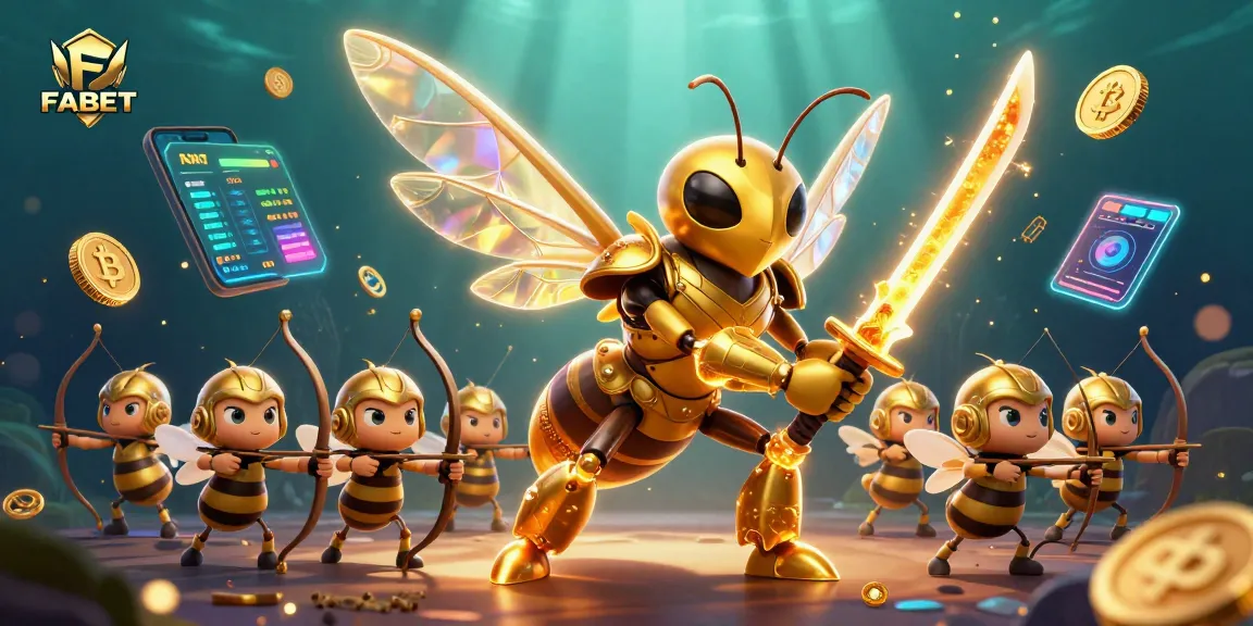 Join FABET's thrilling casino adventure featuring golden hornet samurai battling among neon coins.