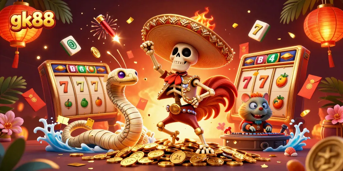 Experience excitement with gk88 as a dynamic trio celebrates on golden coins surrounded by casino elements.
