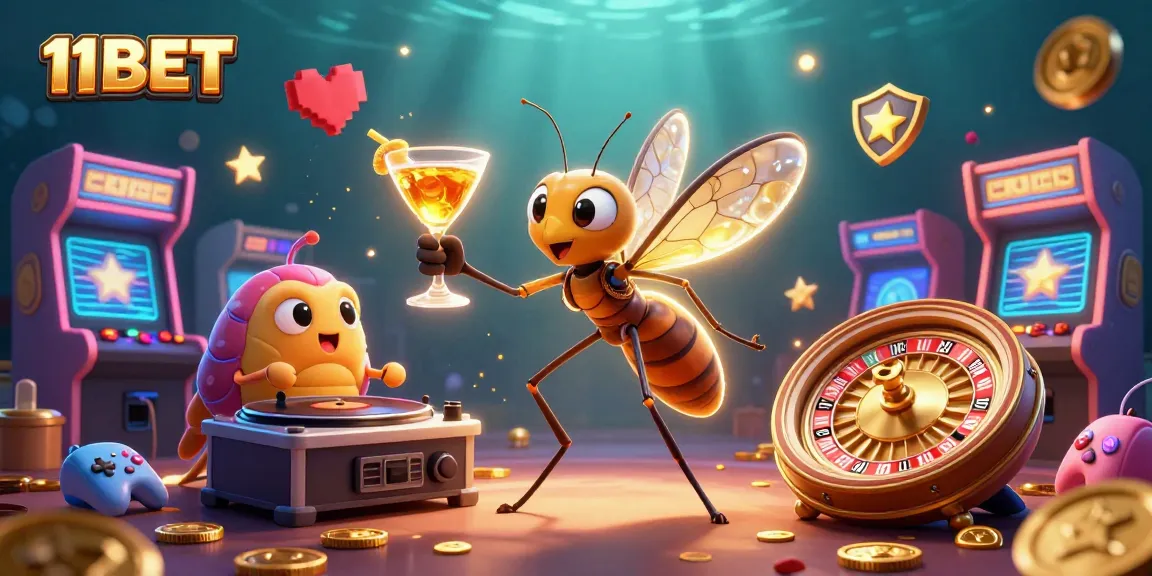 Experience the excitement of 11BET with a dynamic casino scene featuring vibrant characters and game elements.