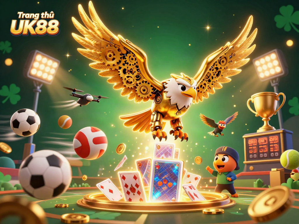Experience winning moments at Trang chủ UK88 with a dynamic 3D casino adventure illustration.
