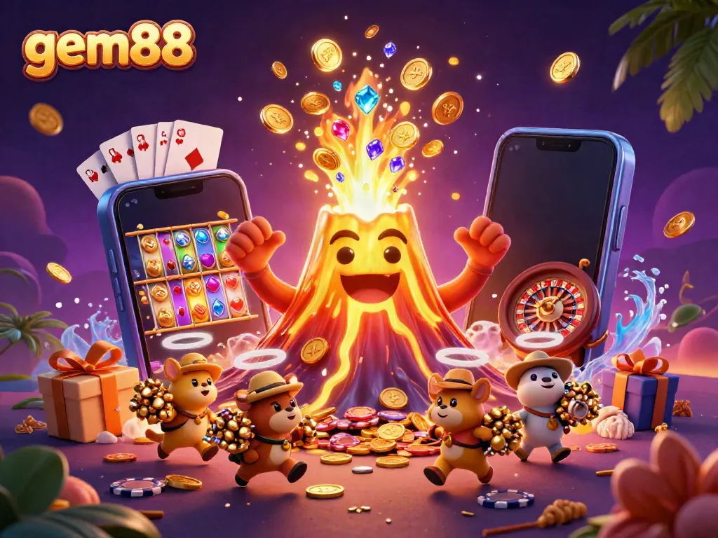 gem88 interactive game experience with a golden volcano showering coins and animals collecting treasure.