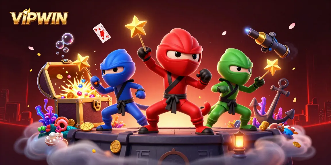 VIPWIN showcases an exciting 3D scene with a ninja chameleon team amidst gambling-themed elements.