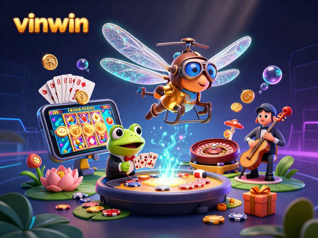 vinwin showcases a vibrant casino scene with a dragonfly pilot, frog croupier, and jazz musicians.