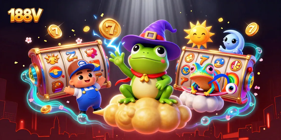 Spin and win at 188V with vibrant slot reels and golden treasures in this exciting casino scene.