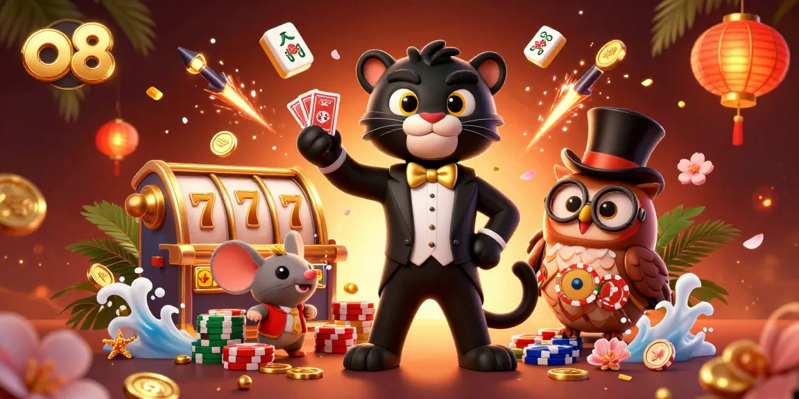 Experience thrilling gameplay at o 8 with a stylish panther, owl, and mouse amid vibrant casino elements.