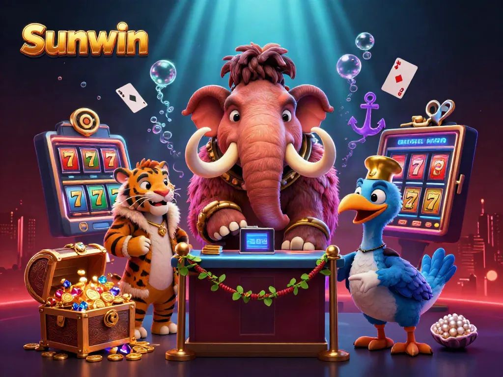 Experience the vibrant excitement of Sunwin through this dynamic 3D casino scene featuring a bouncer checking IDs amidst iconic gaming symbols.