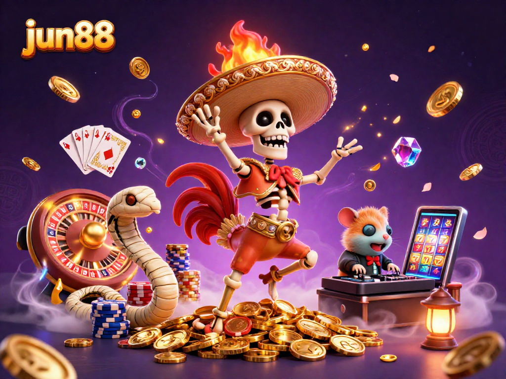 Experience the excitement of jun88 as a mariachi rooster and a zombie DJ celebrate victories amidst cascading coins and dazzling effects.