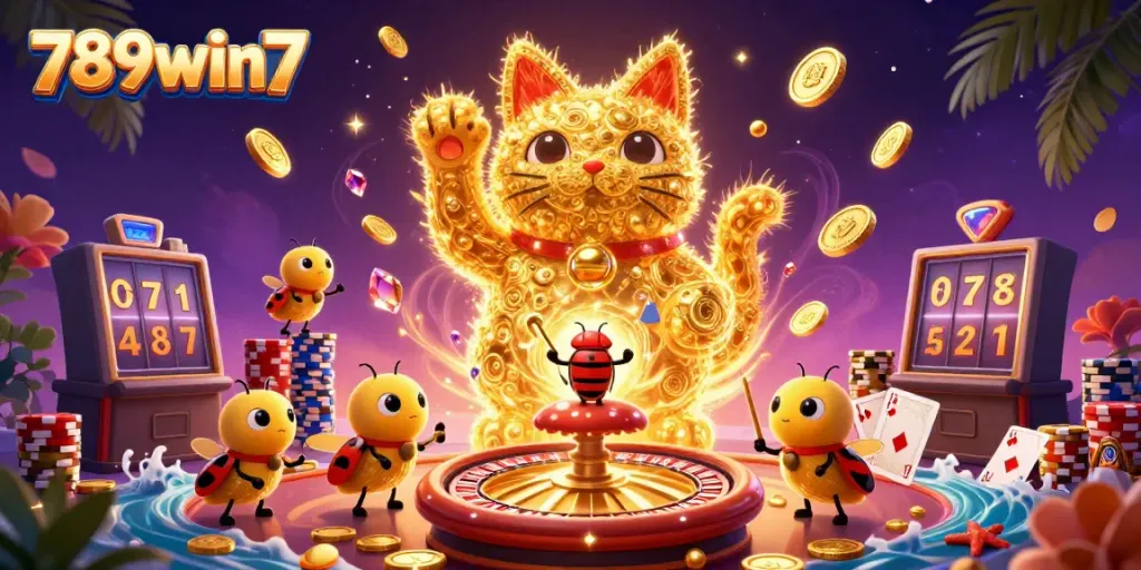 Experience thrilling wins at 789win7 with vibrant casino symbols and festive elements.