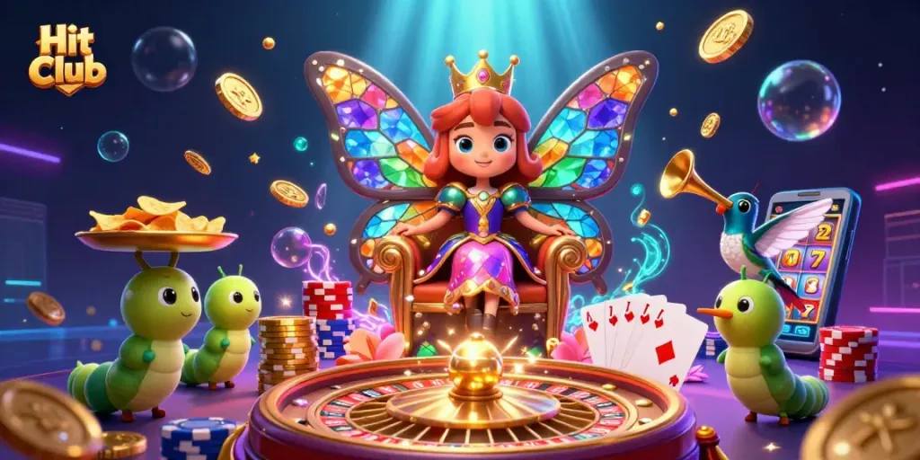 Engage with the Hit Club at a vibrant casino scene featuring a butterfly queen, poker elements, and golden treasures.
