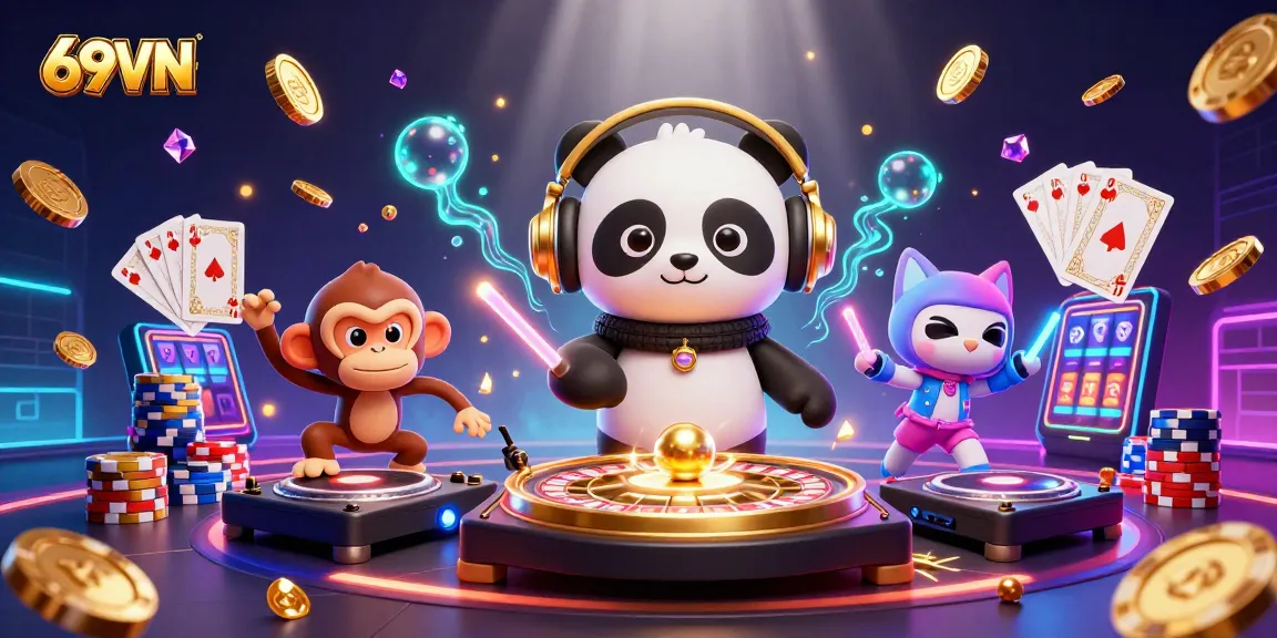 Spin the reels and win big with 69VN in this vibrant underwater casino illustration featuring playful characters.