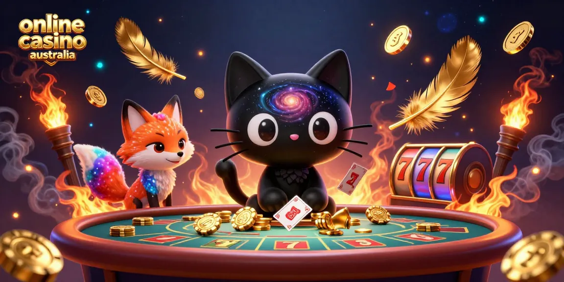 Engaging online casino australia scene with a black hole cat and nebula fox at a vibrant gaming table.