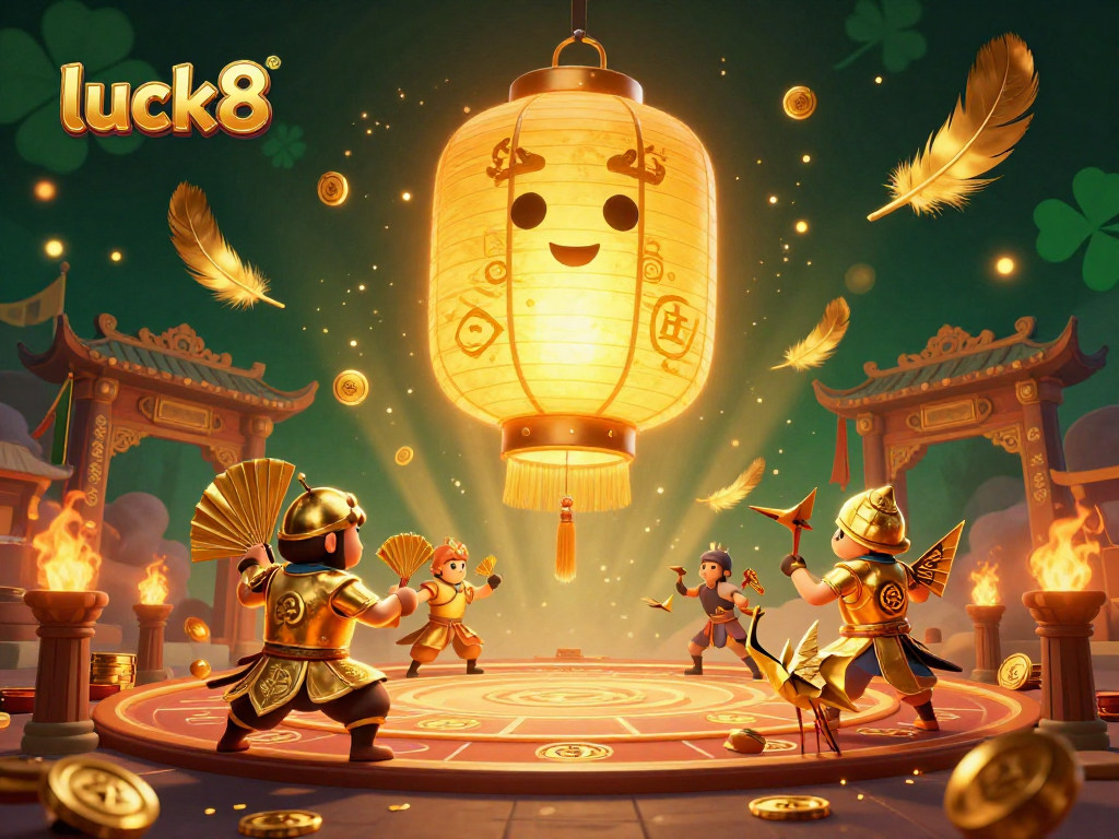 Engage with luck8 in a vibrant casino scene where a golden lantern spirit illuminates the excitement.