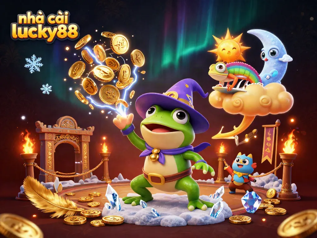 Win big with nhà cái lucky88 in this vibrant 3D casino themed artwork featuring magical elements.