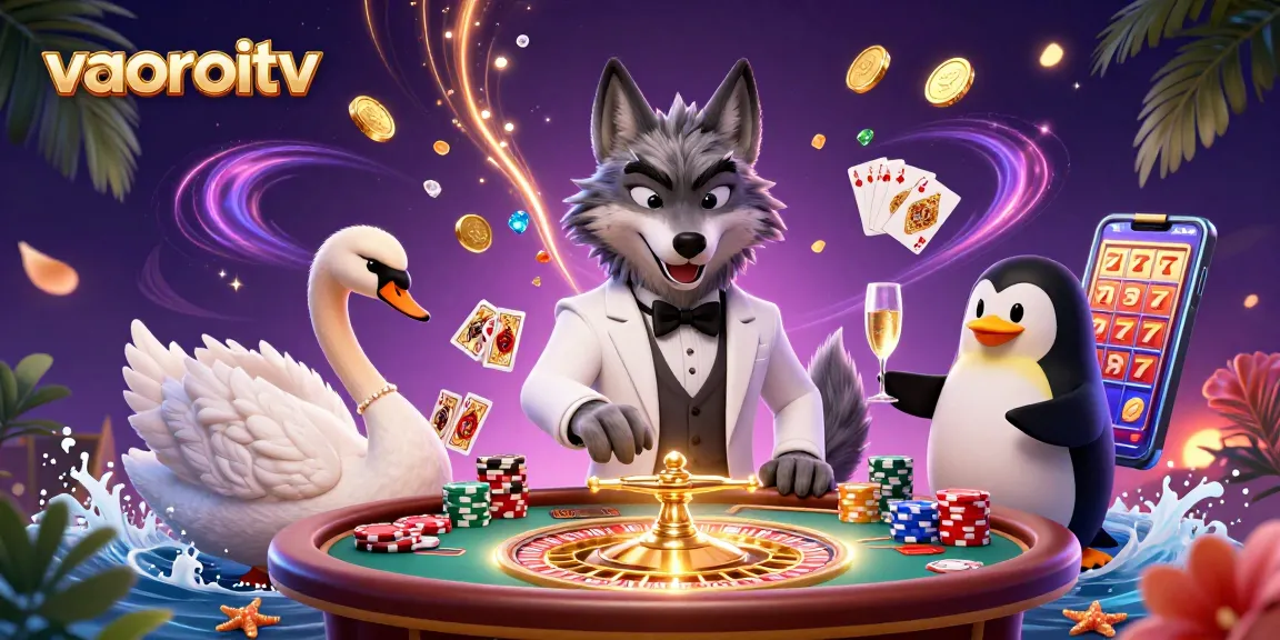 Experience exciting gaming action with vaoroitv featuring a 3D wolf, swan dealer, and penguin sommelier.