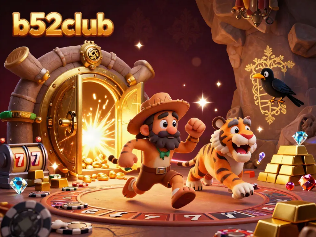 B52club features a vibrant prehistoric casino scene with a caveman and sabertooth tiger.