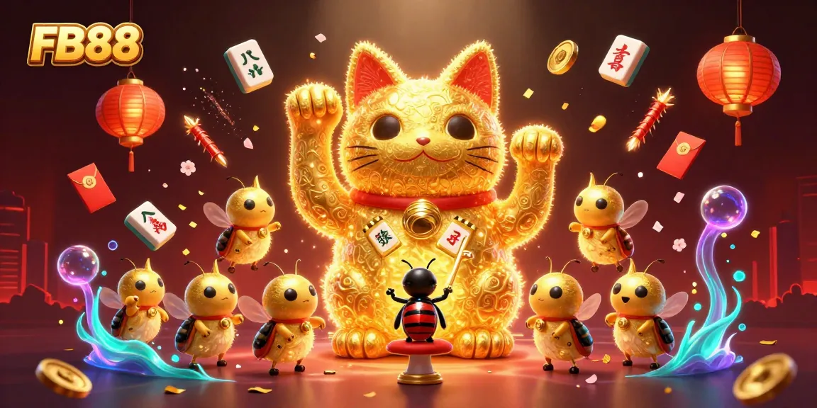Engage in thrilling gameplay at FB88 with a captivating illustration of a lucky cat and casino symbols.