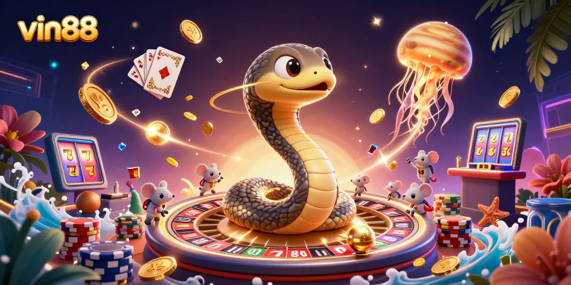 Experience vin88 gaming with features like slot reels and cosmic dealers in a vibrant 3D scene.