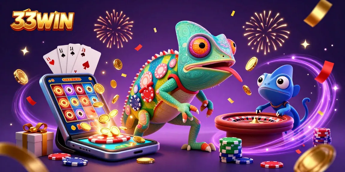 Experience the thrill of winning big at 33WIN with a vibrant chameleon casino owner amidst dynamic gaming elements.