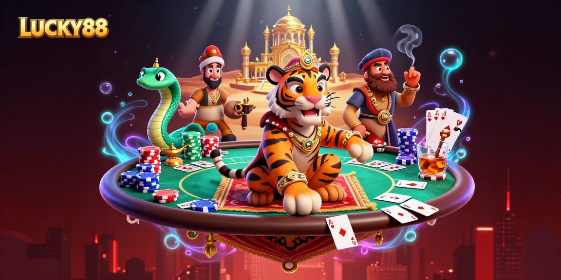 LUCKY88 showcases vibrant casino action featuring a cartoon sultan, poker elements, and enchanting desert backdrop.