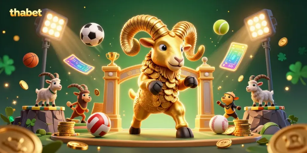 Experience thrilling gaming with thabet as a golden ram charges at a glorious gate in dynamic 3D.