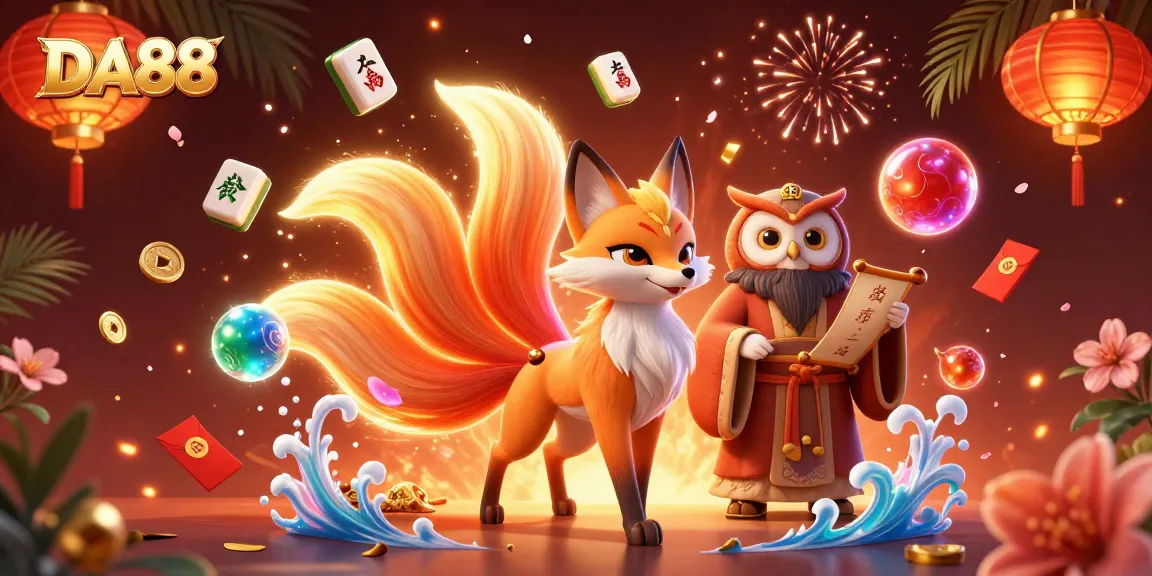 Experience the vibrant spirit of DA88 with a glowing fox and wise owl amidst a colorful casino world.
