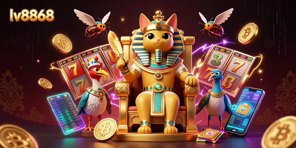 Experience exhilarating gaming at lv8868 with vibrant slot reels and a majestic pharaoh cat in a dynamic casino scene.