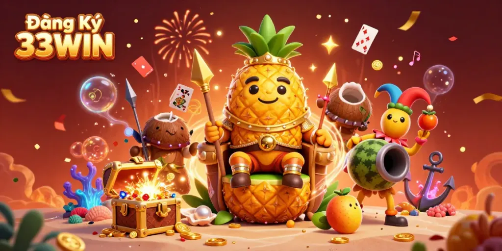 Experience the vibrant energy of Đăng Ký 33WIN with the golden pineapple king ruling over a colorful beach casino.