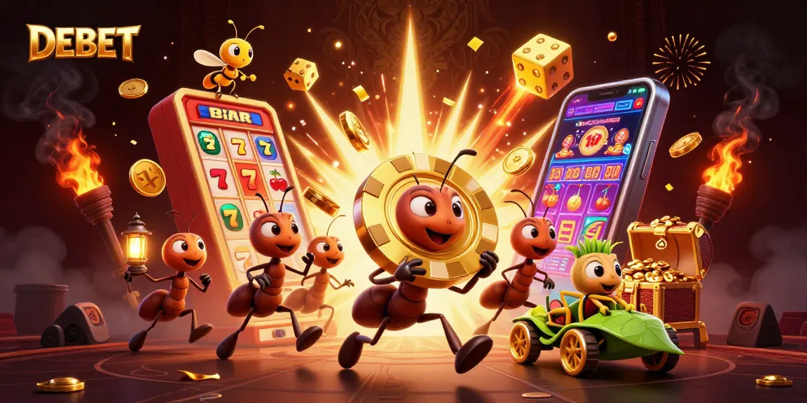 Engage with DEBET's exciting online casino experience as ants and a firefly carry treasures through a vibrant scene.