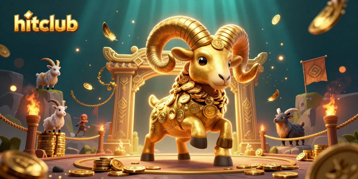 hitclub showcases a massive golden ram charging at a golden gate surrounded by gold coins and betting tokens.