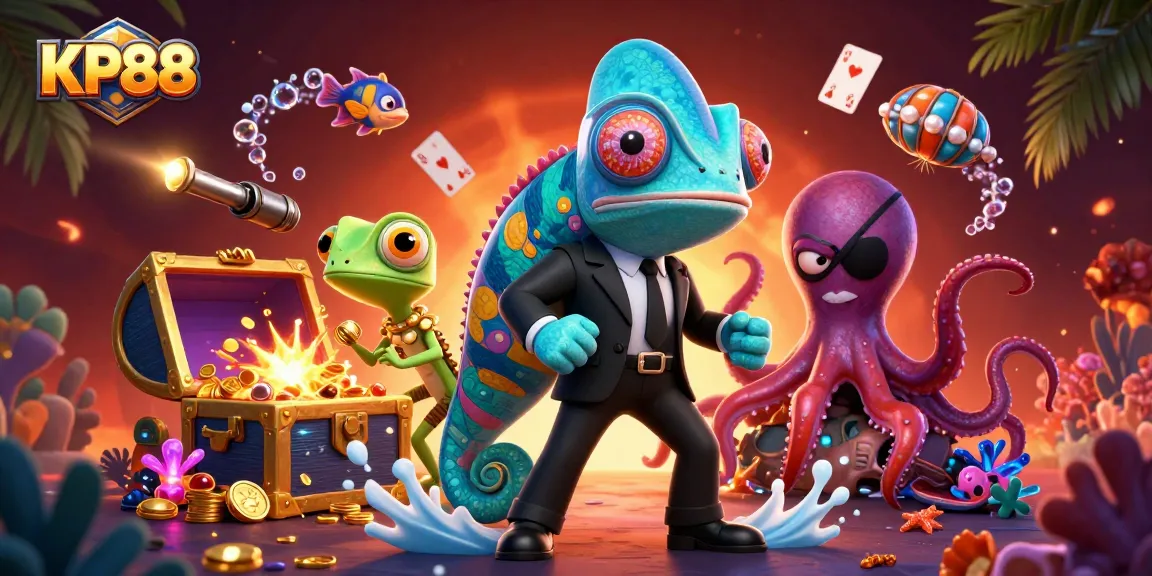 KP88 captivates with a thrilling 3D casino scene featuring vibrant characters and dynamic game elements.