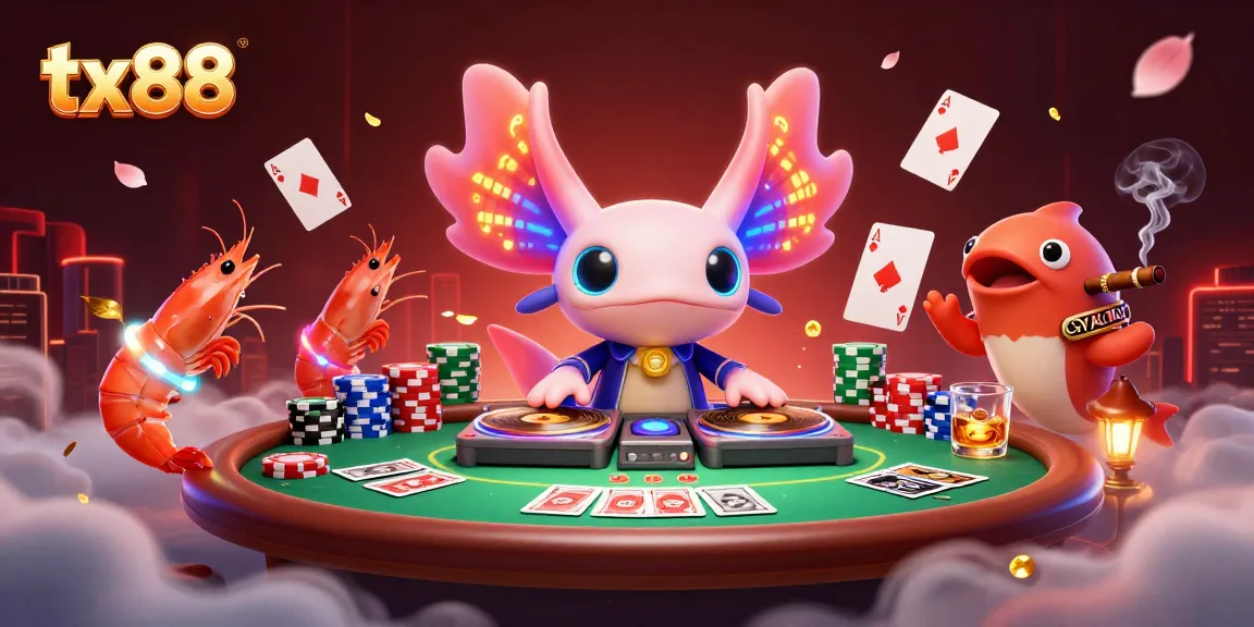 Experience the vibrant energy of tx88 with a neon axolotl DJ and animated casino elements.