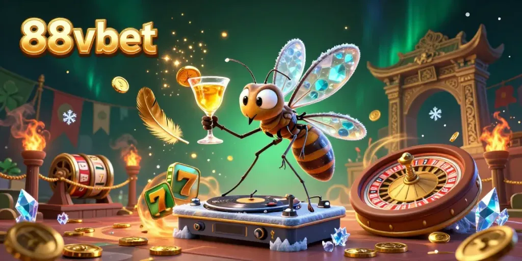 Engage with the vibrant 88vbet scene featuring a 3D mosquito mascot and a trilobite DJ in a casino.
