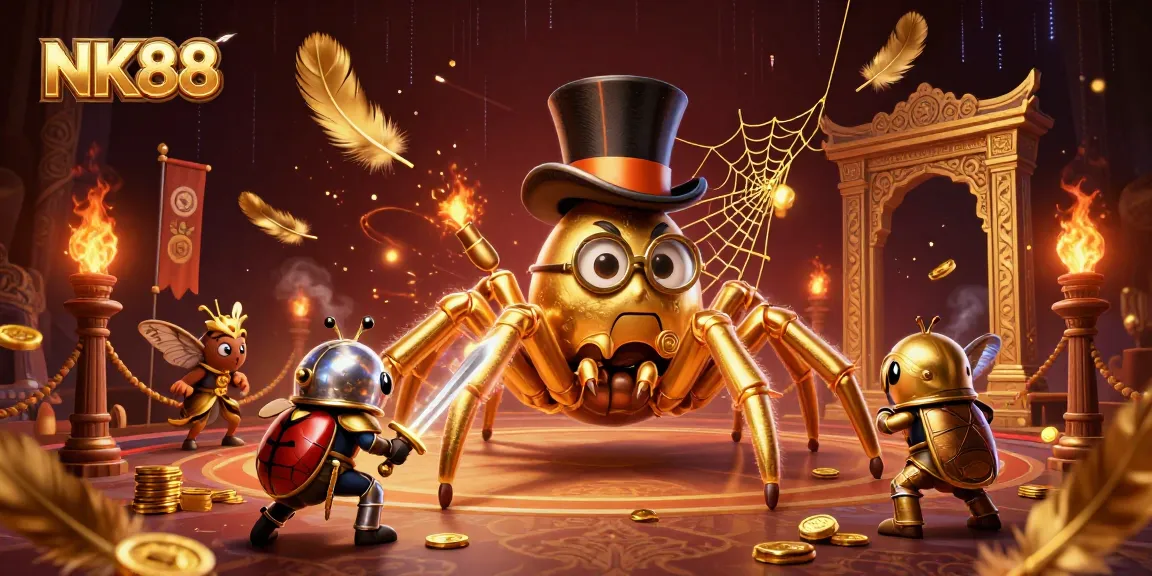 Experience exhilarating gameplay at NK88 with a golden spider weaving fortunes between casino pillars.