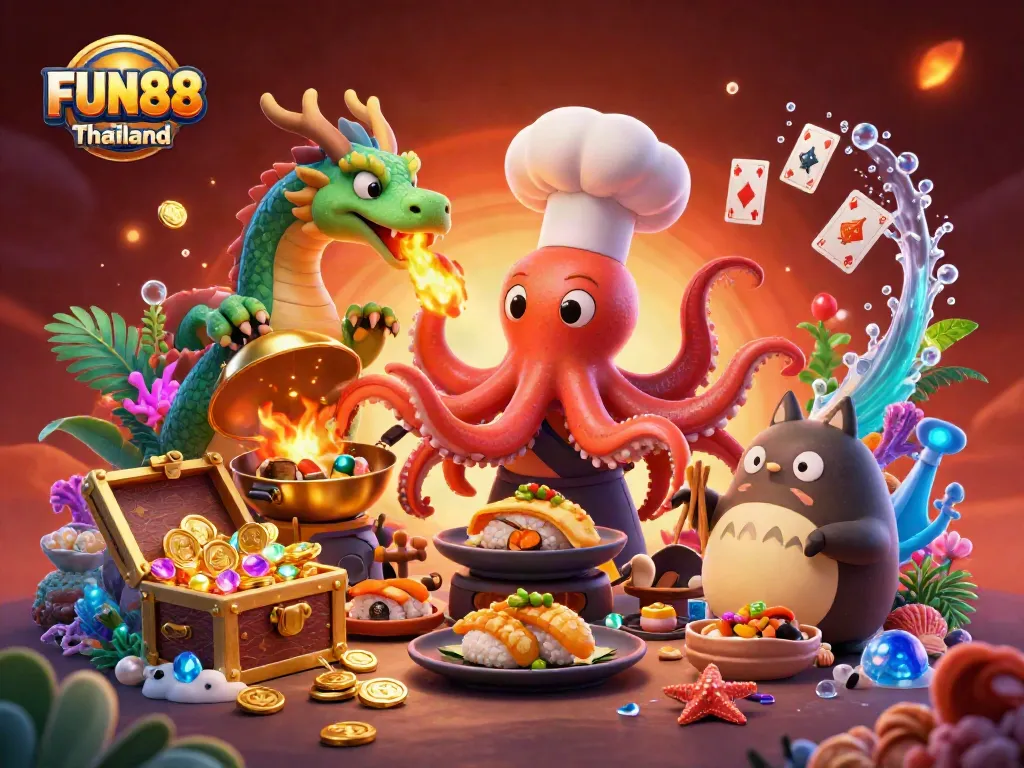 Engage with FUN88 Thailand through this vibrant, ultra-detailed casino illustration featuring unique characters and dynamic elements.