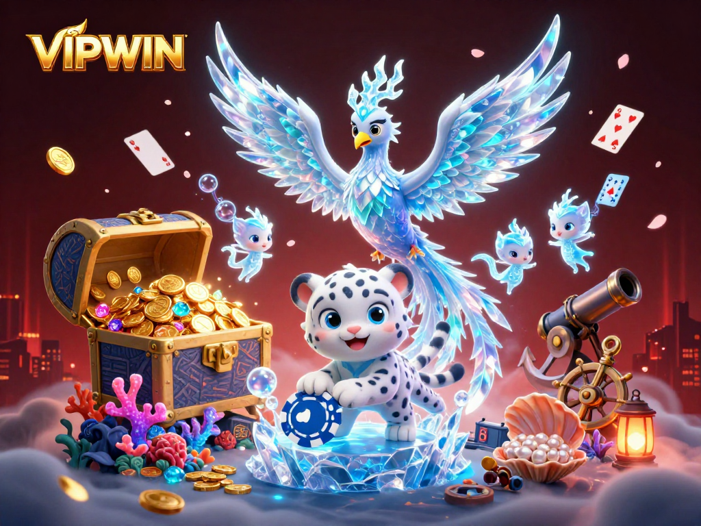 Experience the vibrant ambiance at VIPWIN with ice phoenix and playful cub in dynamic casino adventure.
