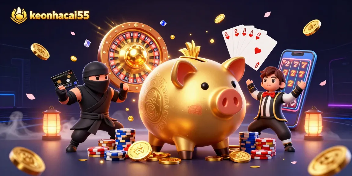 Engage with keonhacai55 strategies through a vibrant casino-themed digital illustration filled with action.