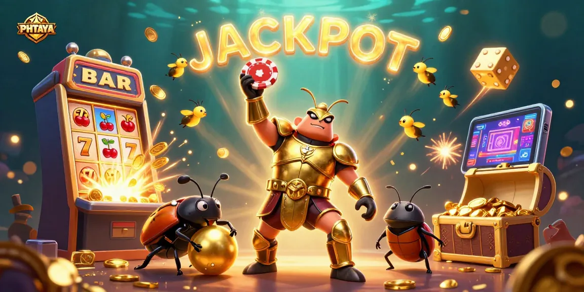 PHTAYA brings excitement with a victorious beetle lifting a poker chip amid a jackpot explosion in a vibrant casino scene.