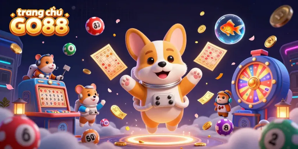 Experience the vibrant world of trang chủ GO88 with a playful astronaut corgi in a space casino