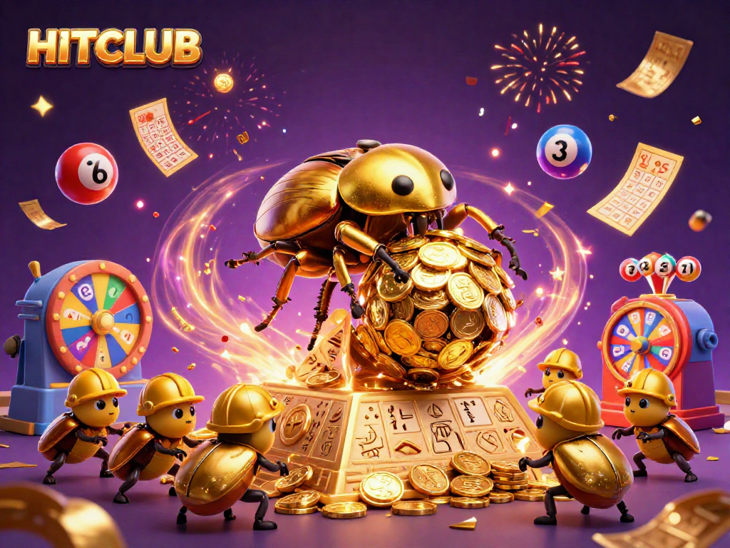 Experience thrilling wins at HITCLUB, a vibrant online casino scene filled with coins and lottery elements.