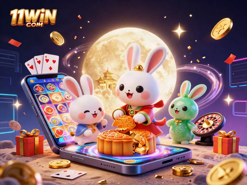 Engage in thrilling casino games with 11WIN COM as the moon rabbit celebrates jackpots amidst golden coins and poker chips.