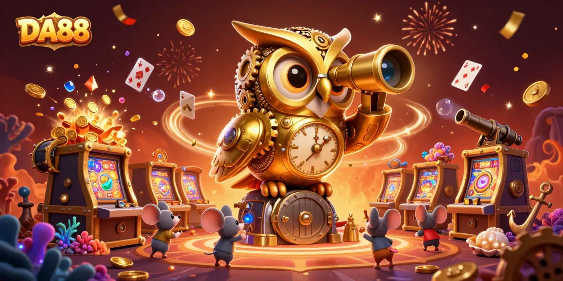 Engage in a thrilling casino experience at DA88 with animated owl overseeing vibrant slot machines and gold coins.