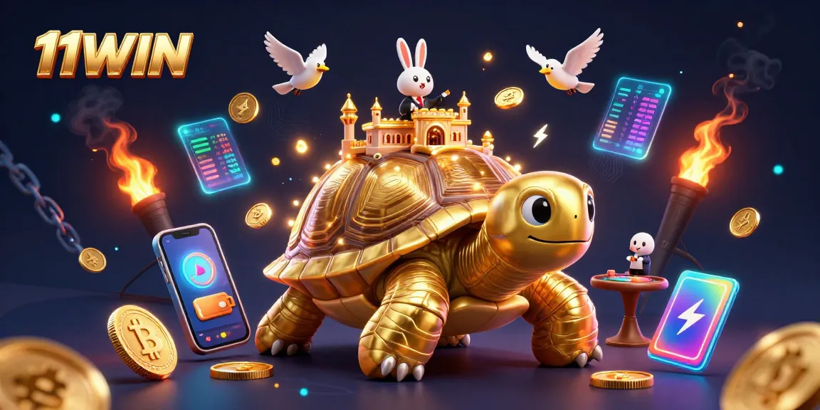 Win big at 11WIN with exciting casino games set on a vibrant golden tortoise.
