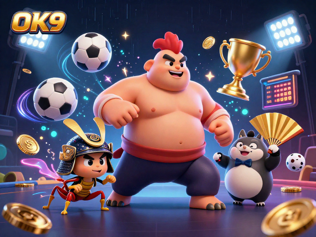 Engage in thrilling betting action at OK9 with dynamic sports elements and festive characters.