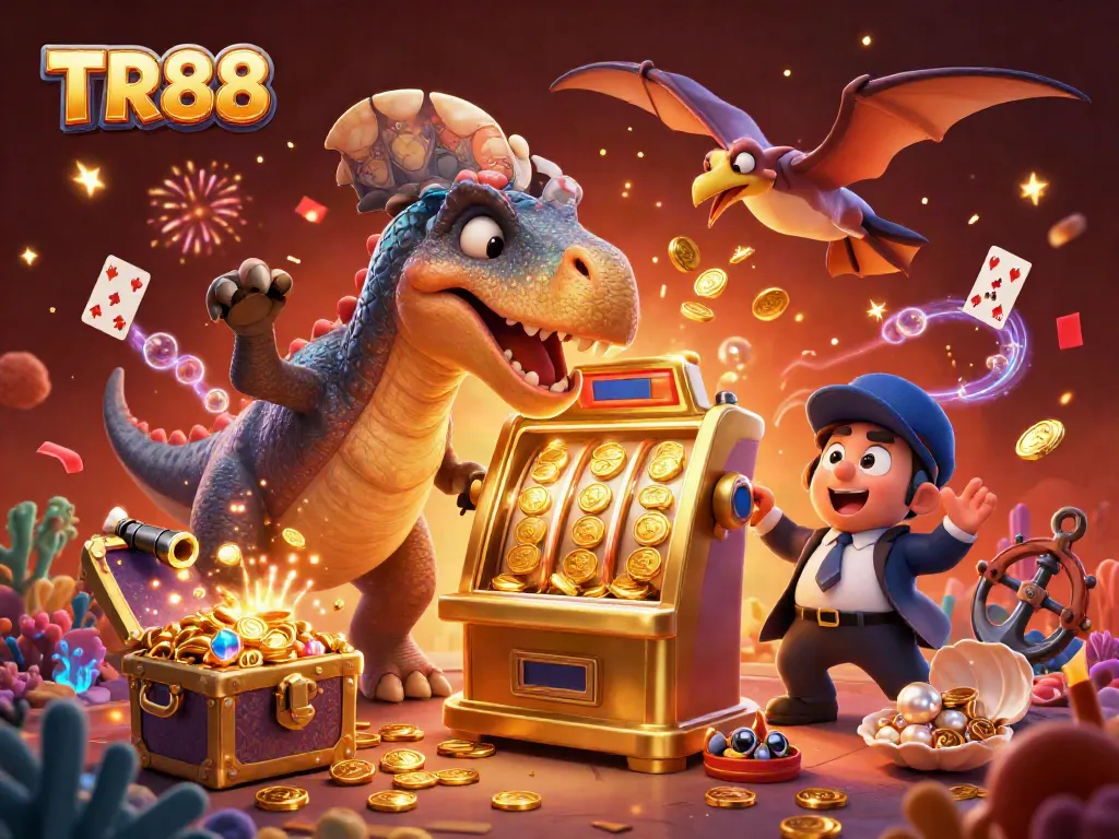TR88 celebrates big wins with a pachycephalosaurus at a golden slot machine amidst flying coins.
