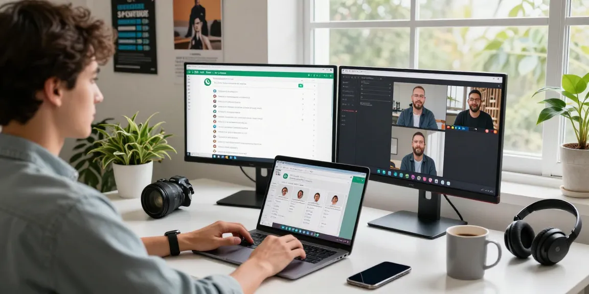 Professional using WhatsApp電腦版 on laptop in a modern home office