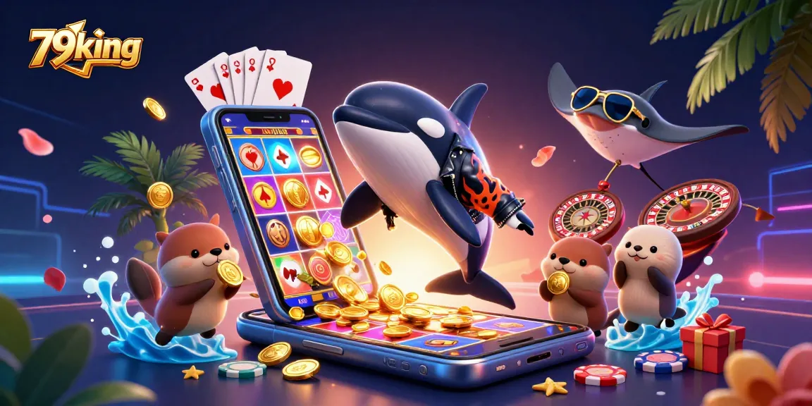 Join the excitement at 79king with animated orca, stingray, and otters showcasing vibrant casino action.