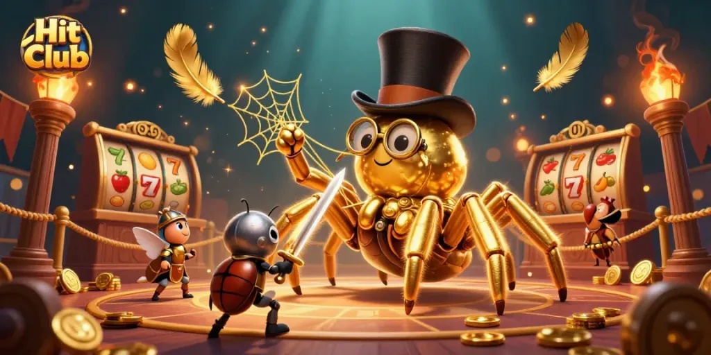 Hit Club illustration depicting a golden tarantula and beetle knight in a lively casino scene.