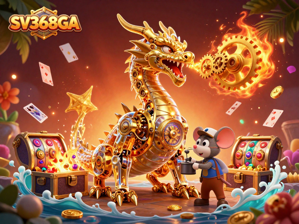 Play thrilling games and win with SV368GA's vibrant 3D casino illustration showcasing exciting slot reels and treasures.