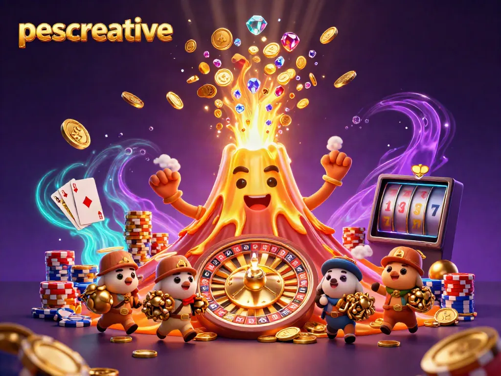 Experience vibrant action with the pescreative golden volcano erupting treasures in a thrilling casino scene.